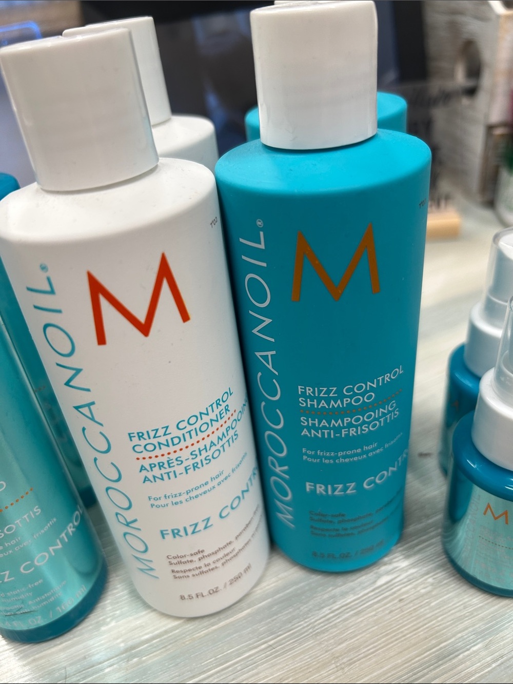 Moroccanoil Frizz Control Shampoo & Conditioner and frizz spray